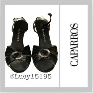 ❤️Caparros Capri Black Satin & Rhinestone Open Toe Strap Heels
